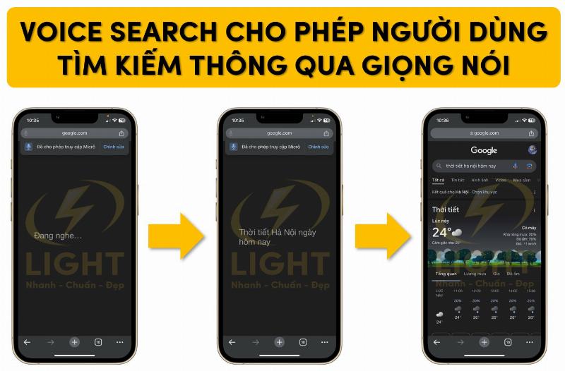 Hình ảnh minh họa màn hình điện thoại với biểu tượng micro và kết quả tìm kiếm dạng đoạn trích nổi bật (featured snippet), thể hiện việc nội dung được tối ưu cho tìm kiếm bằng giọng nói.