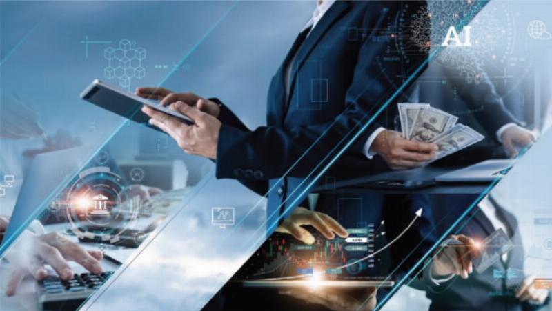 Hình ảnh trừu tượng hoặc minh họa sự kết hợp giữa con người và công nghệ (AI, dữ liệu lớn), thể hiện tương lai của vị trí kế toán trưởng trong kỷ nguyên số