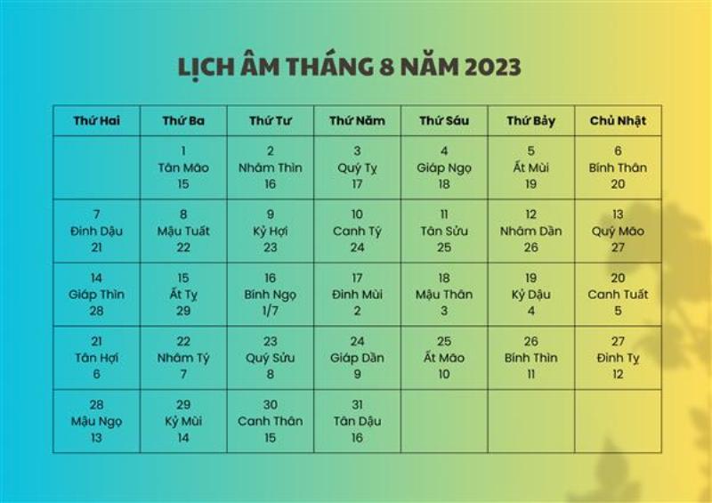 Chi Tiết Lịch Âm Tháng 8 Năm 2023 Dương Lịch